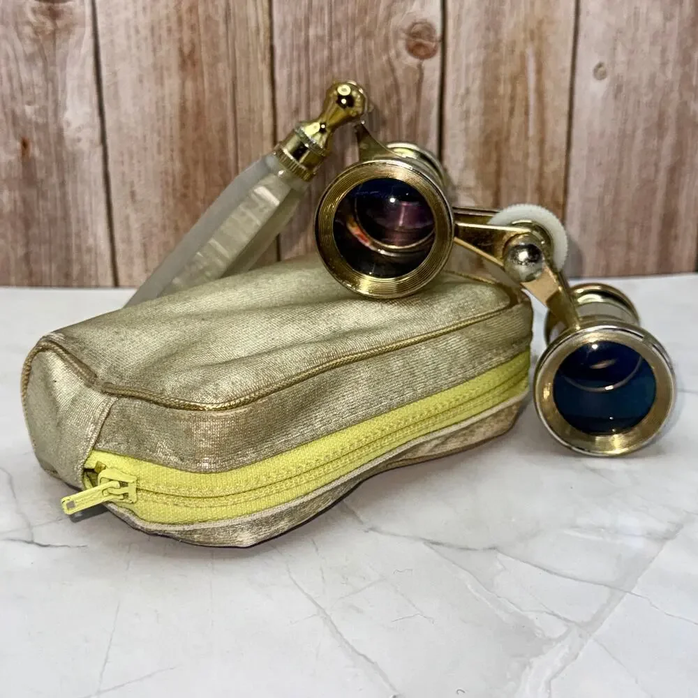 Vintage Selsi 3X Mother of Pearl Opera Glasses Lorgnette Handle Case